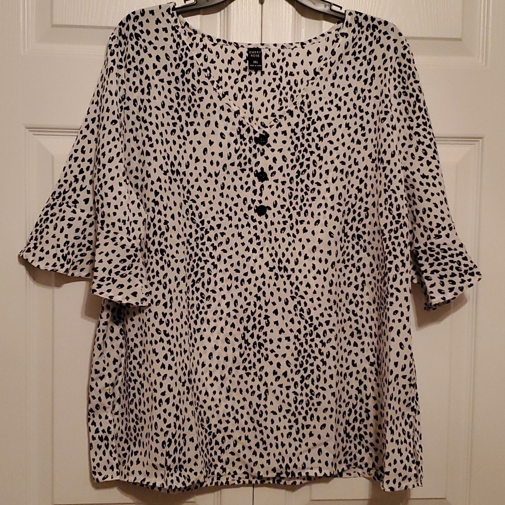 Emery Rose White & Black Abstract Print Bell Sleeves Blouse Size XXL